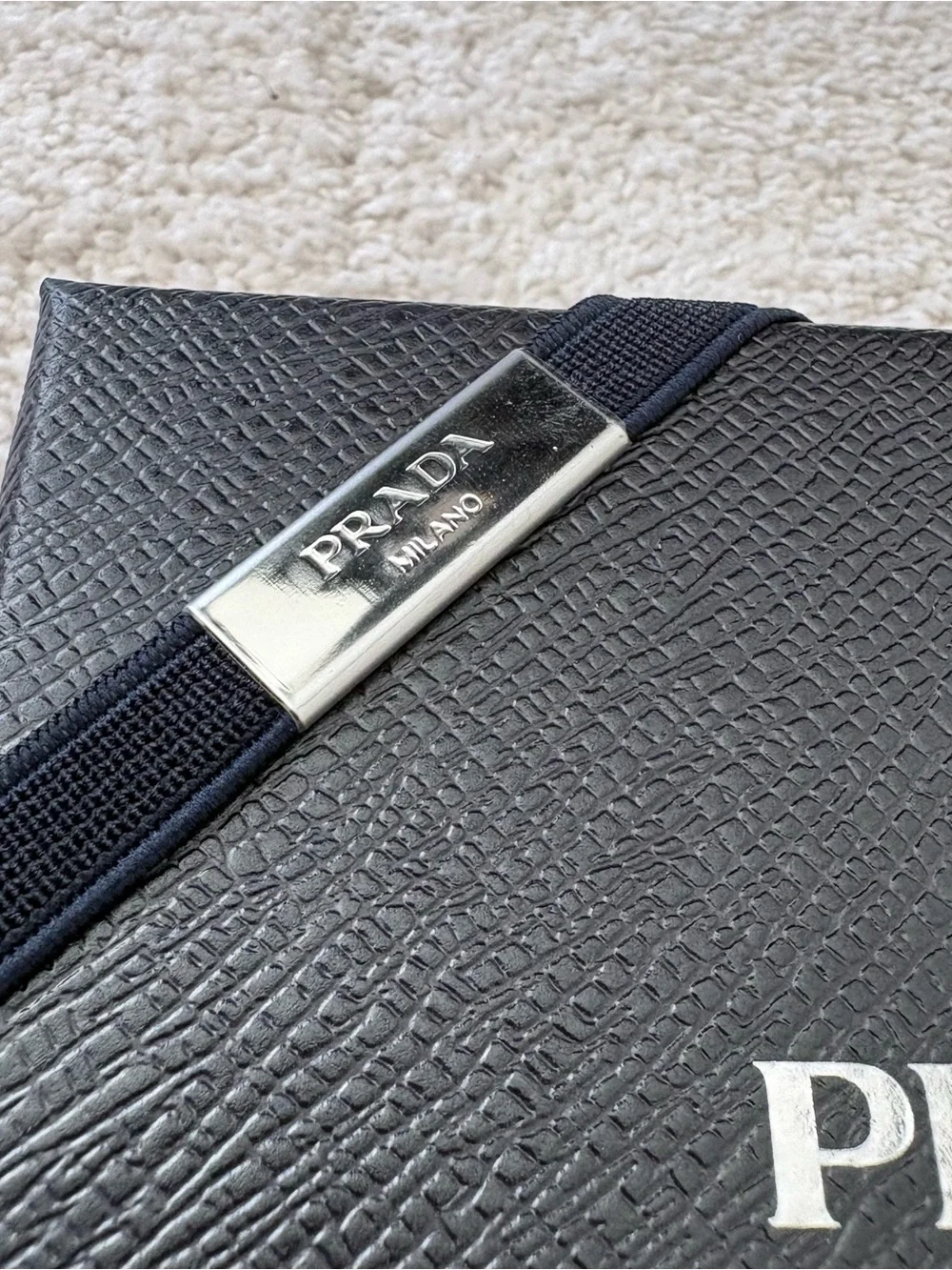Prada Navy and silver Textured Saffiano Gift box and elastic